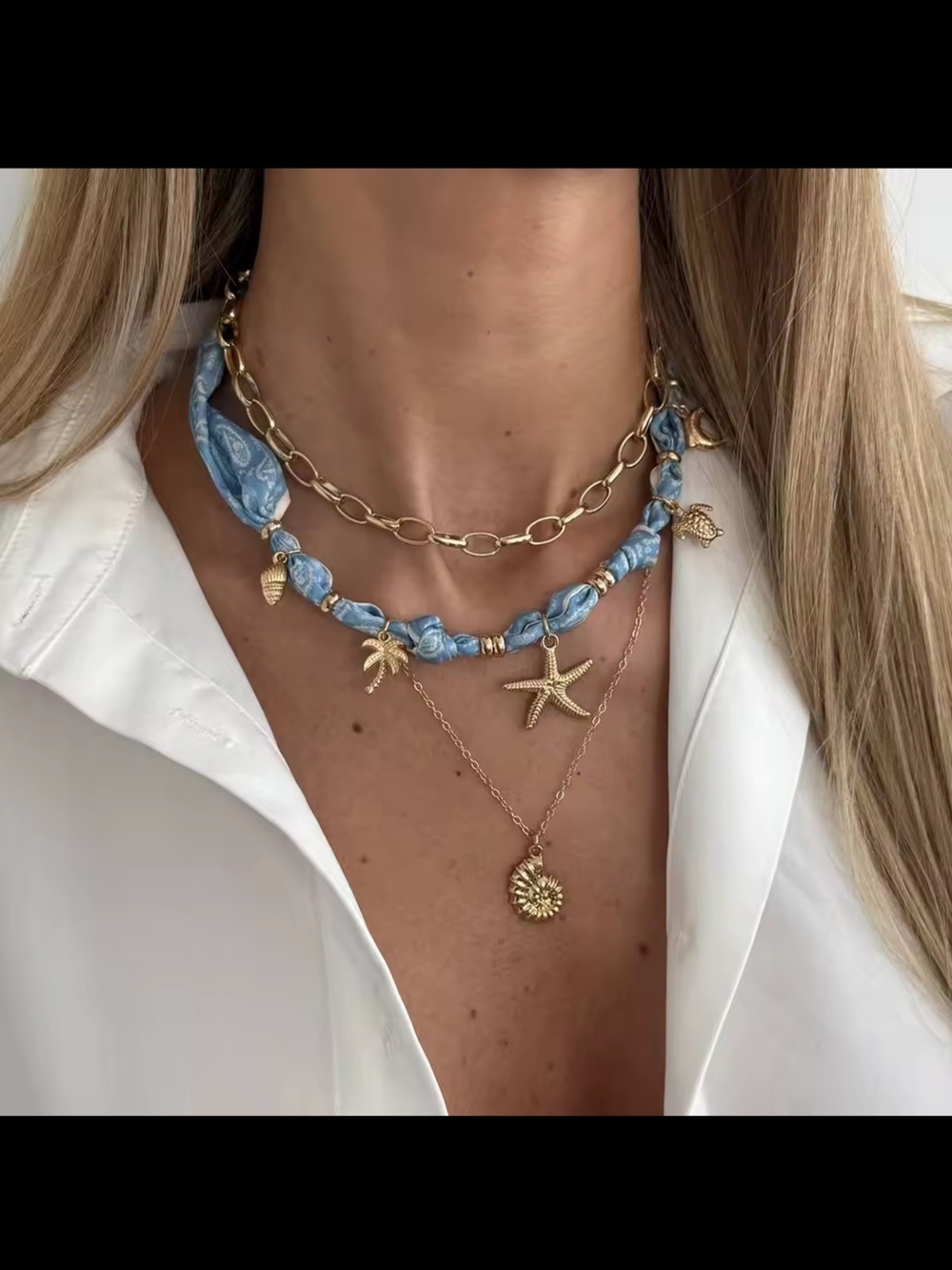 3-piece boho blue printed fabric necklace set featuring a vintage gold
